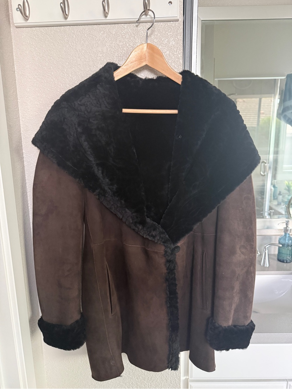 Brown suede Teddy Jacket with trimmed Black shearling Hood and cuffs